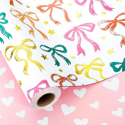 MAYPLUSS Girl Wrapping Paper Roll, Girly Bow Wrapping Paper, Reversible Elegant Bows Pink Gift Wrap for Birthday, Girl Baby Shower, Wedding, Christmas, Valentine's Day, Bachelorette(17 In X 33 Ft)