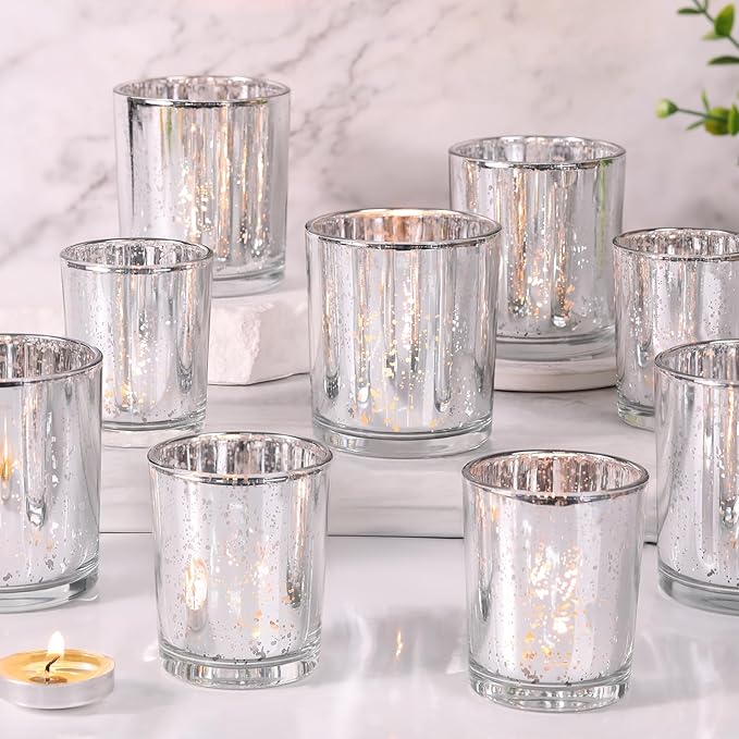 Volens 24pcs Assorted Silver Votive Candle Holders for Wedding Table Centerpieces, Large Mercury Glass Candle Holder for Votive & Tealight Candle, Silver Party Decorations for Bridal and Baby Shower
