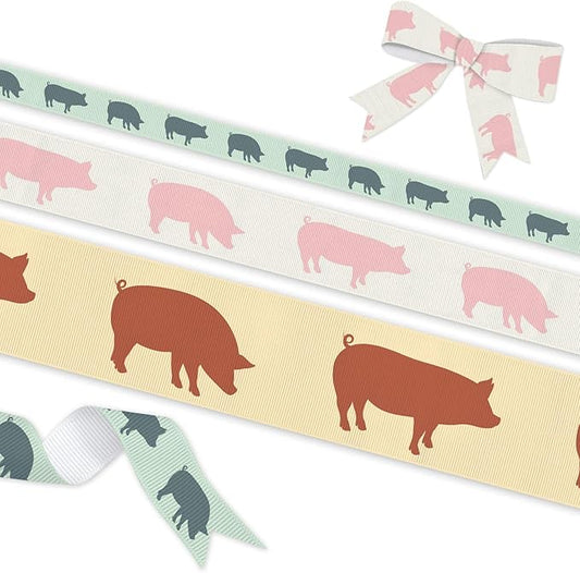 YKW Pig Silhouette Grosgrain Ribbon Set - 3 Widths (3/8", 7/8", 1.5") x 5 Yards Each - Farm Animal Pattern Ribbons in Pink, Green & Brown for Crafts, Gift Wrapping & Country Decor