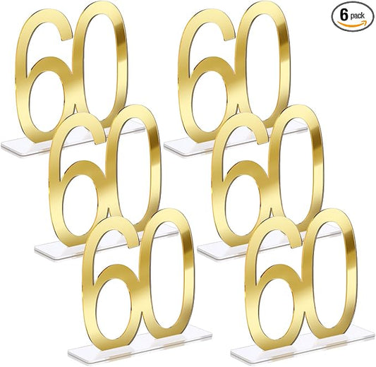 Threehoney 6 Pcs Mirror Gold 60th Birthday Decorations for Men and Women Acrylic Anniversary Decorations Table Numbers Centerpieces for Birthday Party