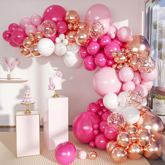 MEBAY Rose Red Pink Champagne Balloon Arch Garland Kit, 146 Pcs Hot Pink Confetti Rose Gold Tender Pink White Balloons for Graduation Birthday Party Baby Shower Wedding Decorations