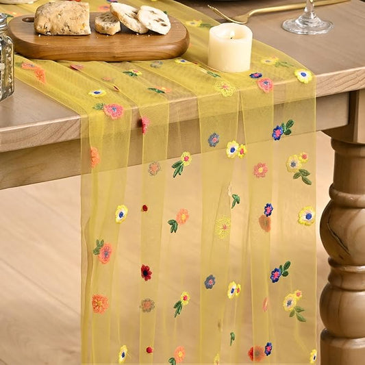 Artoid Mode Yellow Wildflower Floral Gauze Embroidery Table Runner 120 Inch 10FT, Tulle Seasonal Spring Kitchen Dining Table Decor for Home Party
