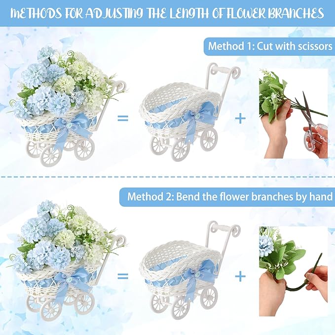 3 Pack Rattan Baby Carriage Floral Arrangement with Bouquet Baby Shower Table Centerpiece Stroller for Guests Gender Reveal Wedding Party Favor Gift and Souvenir(Blue)