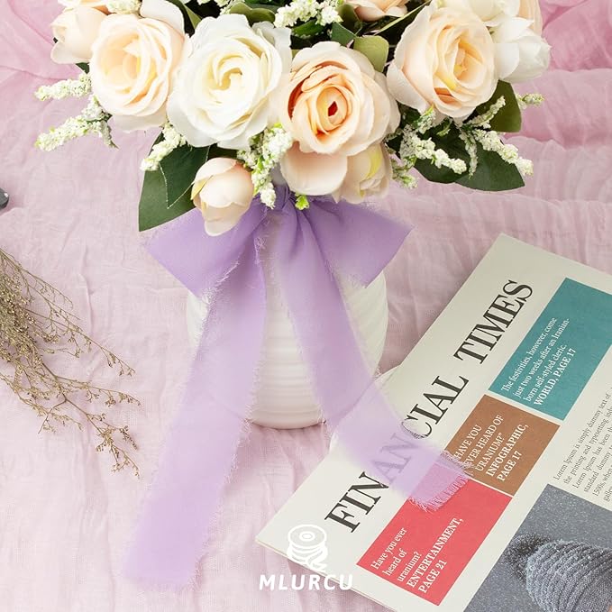 Lavender Chiffon Ribbon - 1-1/2 Inch x 21 Yards, Handmade Fringe, Lilac Chiffon Silk, Boho Frayed, Light Purple for Wedding Invitation, Bridal Flower Bouquets, Gift Wrapping