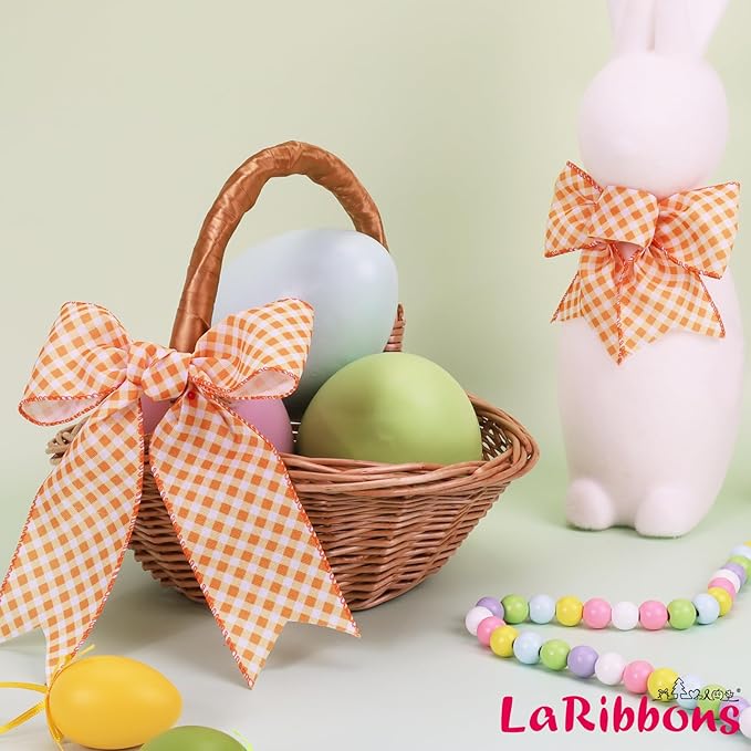 LaRibbons Easter Bunny Wired Ribbon 2 Rolls 2.5 Inch x 12 Yards TTL, Orange Easter Ribbon Plaid for Baskets Crafts Spring Wreath Gift Wrapping Bow Decoration