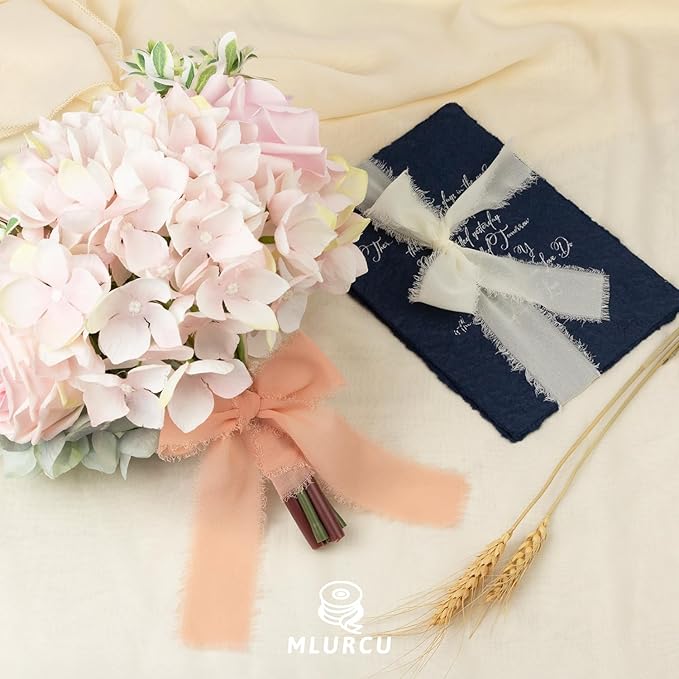 Peach Pink Chiffon Ribbon 1.5 Inch x 21Yds Handmade Fringe Chiffon Silk Ribbon Peach/Pink/Ivory Frayed Chiffon Ribbon for Wedding Invitation Flower Bouquets Gift Wrapping Bridal Shower Baby Shower