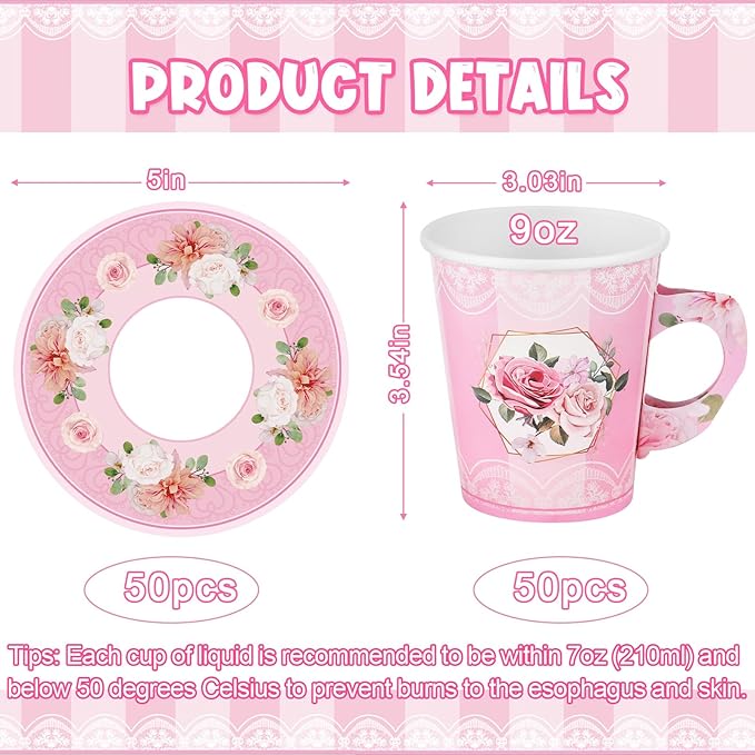 Zopeal 100 Pcs Disposable Tea Party Decorations 9 oz Floral Paper Cup with Handle and Saucer Set for Mother Day Wedding Birthday Spring Princess Blossom Party Baby Shower Supplies(Pink)