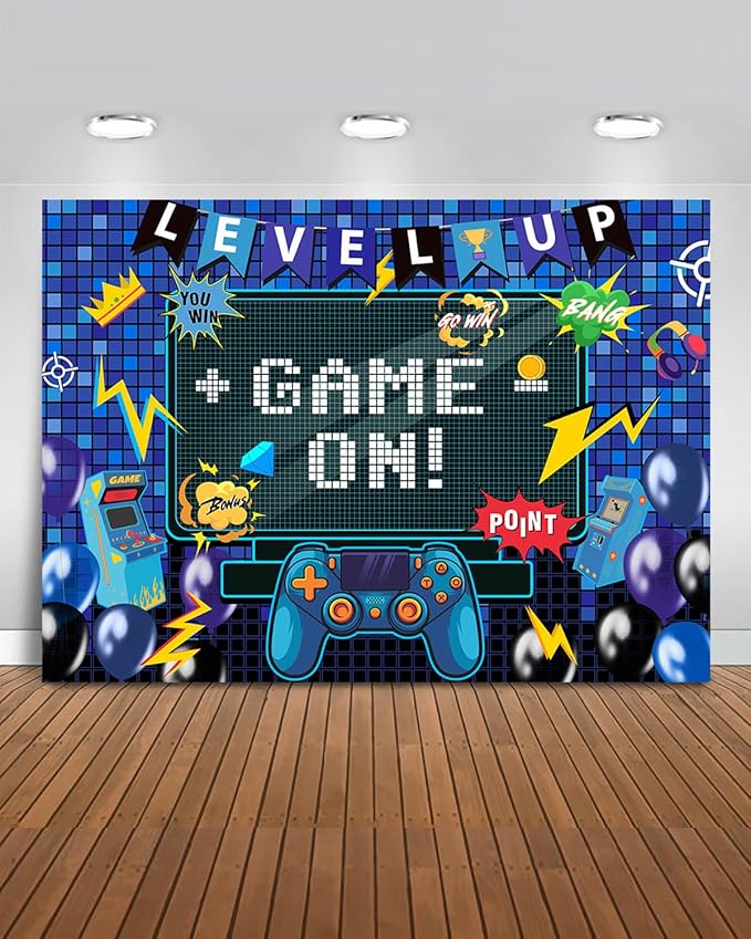 Mocsicka Video Game Birthday Backdrop Game on Happy Birthday Party Decorations Level up Party Background for Photography Wall Decorations Supplies (Game on, 5x3ft(60"x36"))