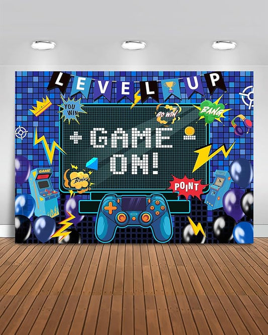 Mocsicka Video Game Birthday Backdrop Game on Happy Birthday Party Decorations Level up Party Background for Photography Wall Decorations Supplies (Game on, 6x4ft(72"x48"))