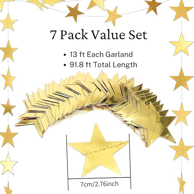 7 Pack 91.8 ft Gold Star Garland Banner Double Side Hanging Star Streamers Paper Star Banner Backdrop for Graduation Birthday Baby Shower Wedding Classroom Party Ceiling Decorations