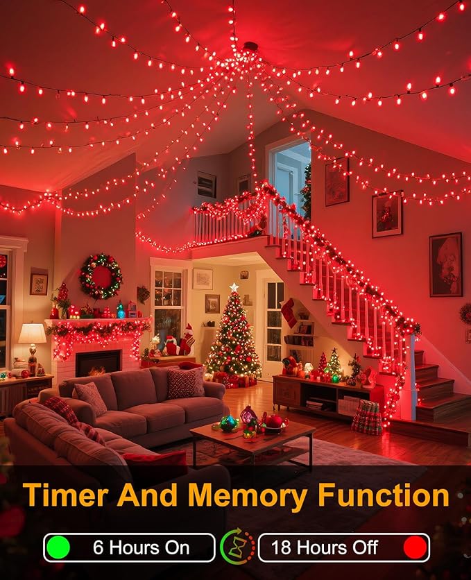 Red Christmas String Lights, 40FT 120 LED Christmas Lights Outdoor Indoor Waterproof with 8 Modes, Plug in Connectable String Lights for Outside Home Garden Patio Party Holiday Decor