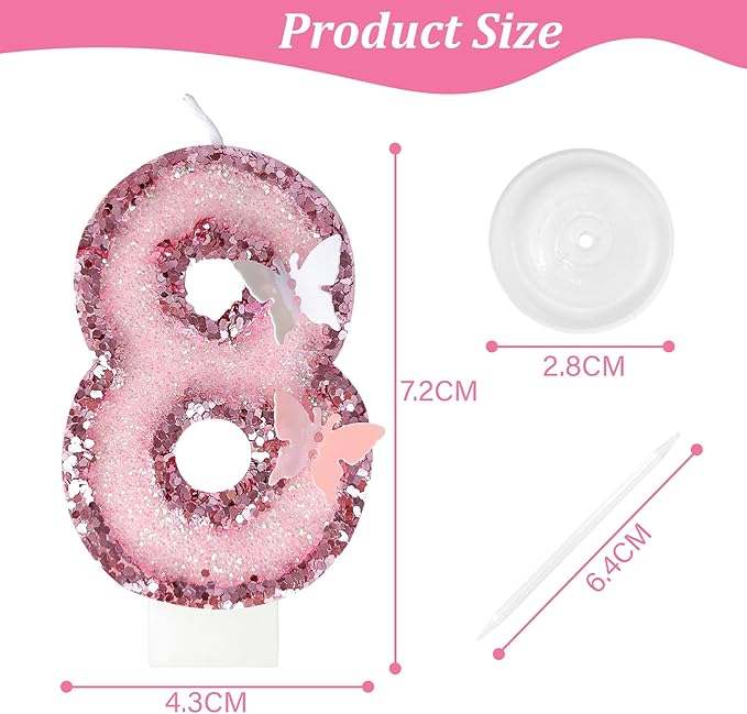 18Th Birthday Candles，Glitter Butterfly Cake Toppers Pink Sequins Wedding Numeral Cupcake Decorations，Suitable for Girl and Boy Wedding Cakes, Party Celebrations, Birthday Decorations (18)