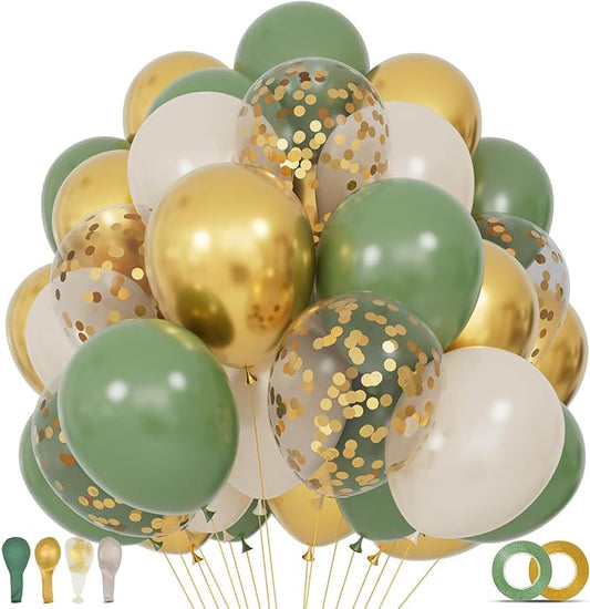 68Pcs Balloons Kit 12 Inch, Sage Green Balloon Sand White Metallic Gold Balloon Confetti with Ribbons, Party Balloons for Baby Bridal Shower Wedding Birthday Decorations.