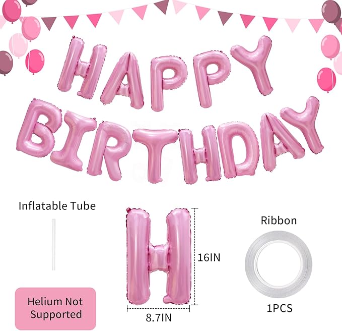 Pink Happy Birthday Balloon Banner Decorations 16 inch for Women Girls Party