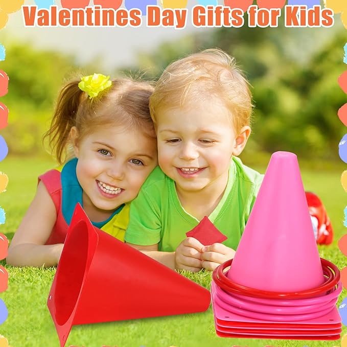 33pcs 4 in 1 Valentines Day Games for Kids with Ring Toss, Plastic Cones, Bean Bags, 3-Legged Race Bands, Carnival Valentine's Games Activity Combo Set for Kids Classroom Indoor Outdoor Party Yard