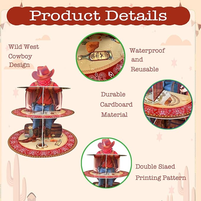 Western Cowboy Cupcake Stand Party Decorations Western Theme Birthday Cupcake Holder Cowboy Theme Cake Holder Birthday Dessert Stand for Wild West Baby Shower Party Supplies