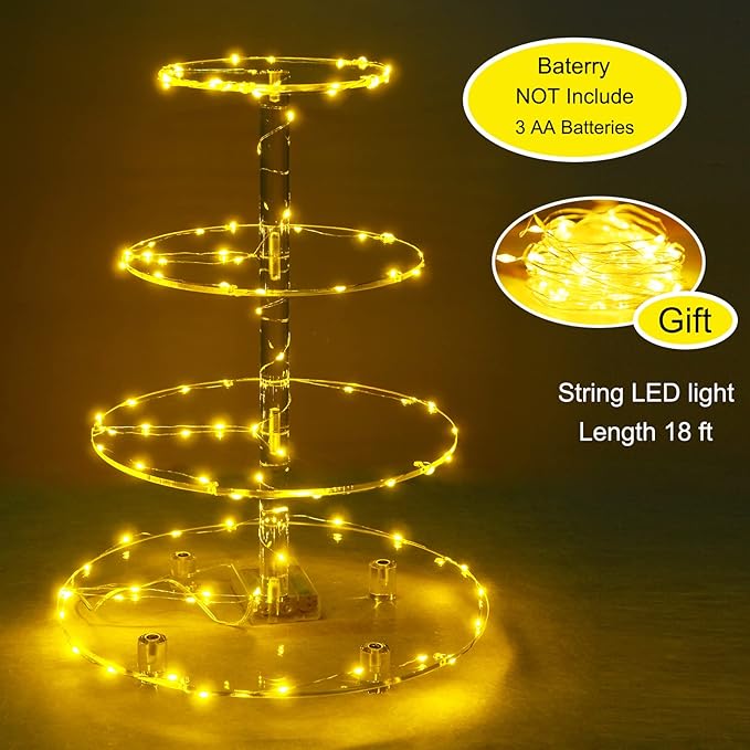 Cupcake Stand, 4-Tier Round Cupcake Holder with LED light String, Acrylic Cupcake Tower Display-Dessert Tower-Pastry Stand-Cupcake Tier Stand for Wedding, Birthday party ( Yellow Light)