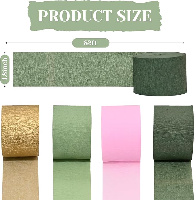 8 Rolls Moss Sage Green and Pink Crepe Paper Streamers for Wedding, Bridal Shower, Engagement Party Decorations - 82 Ft Long Boho Party Supplies