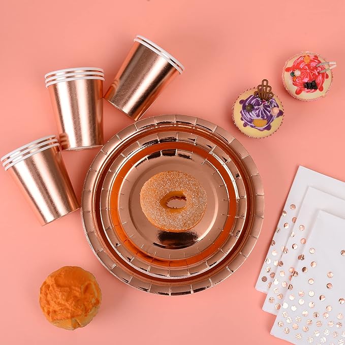 200 Pieces Solid Rose Gold Party Supplies - Rose Gold Paper Plates & Napkins Cups Silverware Serves 25 Sets for Wedding Bridal Shower Engagement Birthday Parties (Rose gold)