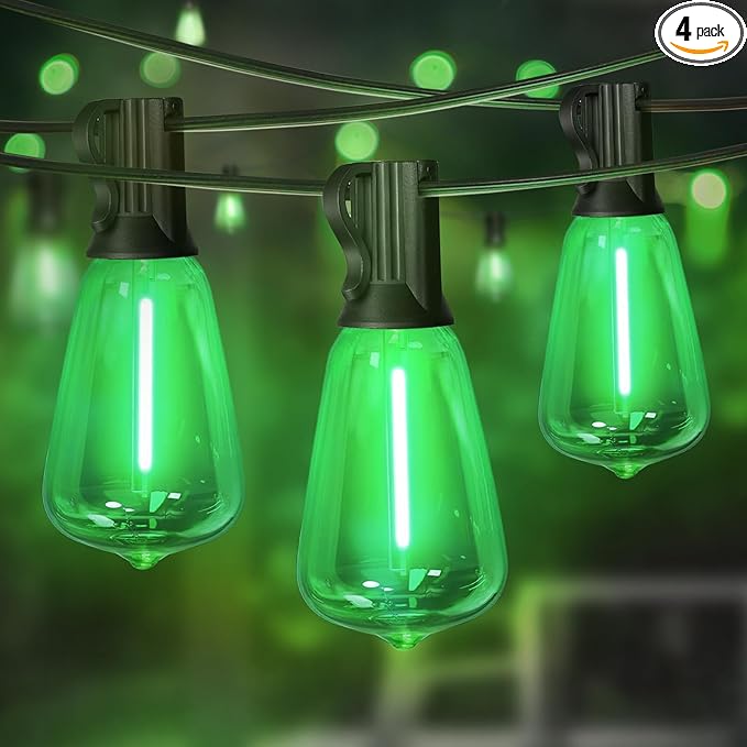 LAMPHOME 4-Pack 26Ft ST38 Green St Patrick's Day Patio Lights，Outdoor String Light with 12+1 Shatterproof LED Edison Bulbs, Waterproof String Lights for Bistro Christmas Party Decor