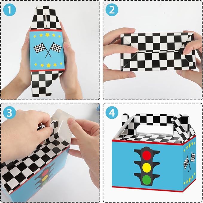 Tevxj 12 Pieces Race Car Party Favor Boxes Two Fast Goodies Candy Treat Bags Race Car Birthday Party Favors Checkered Gift Bags for Boys Kids Let's Go Racing Themed Supplies Box 6 x 3 x 3.5 Inches