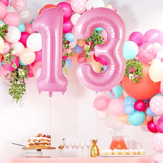 Pink Number 13 Balloon, 40 Inch Big Large Foil Helium Number Balloons, Giant Mylar Number 13 Balloons for 13 Years Old Birthday Party Decorations Supplies Anniversary