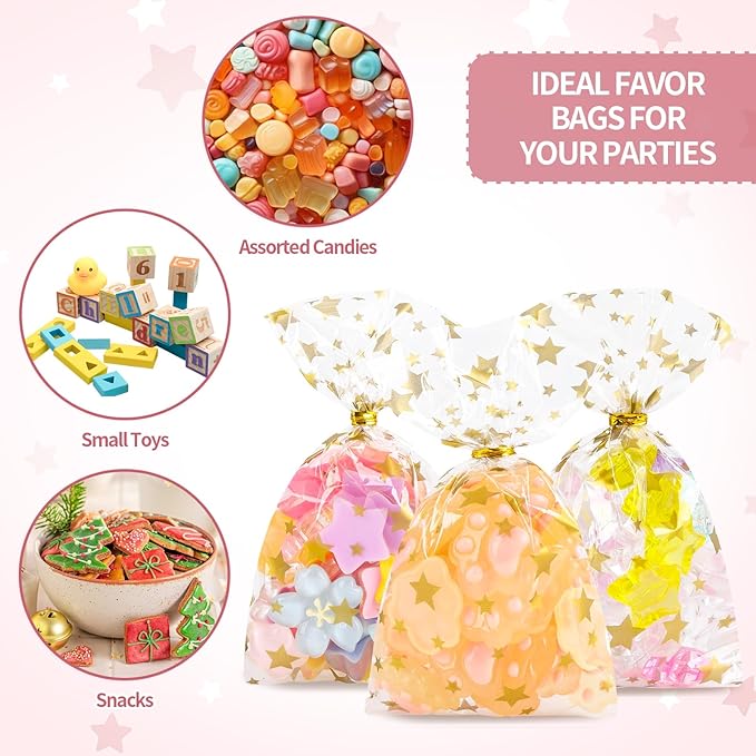 100 Pack 3x5 Inch Gold Star Clear Cellophane Treat Bags, 1.4 Mil Plastic Candy Cookie Bags with 100 Gold Twist Ties for Valentine, Classroom Gifts, Candy, Bakery, Party Favor