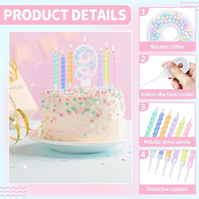 Number 9 Birthday Candles for Cake with 20 Pieces Spiral Candles with Macaron Pastel Rainbow Pink Cake Toppers for Girls Happy Birthday Party Decorations