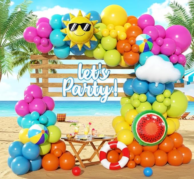 Tropical Summer Beach Pool Party Balloon Garland Arch Kit 168Pcs with Beach Ball Pineapple Watermelon Sun Foil Balloons for Birthday Hawaiian Luau Pool Beach Party Coconut Party Decor