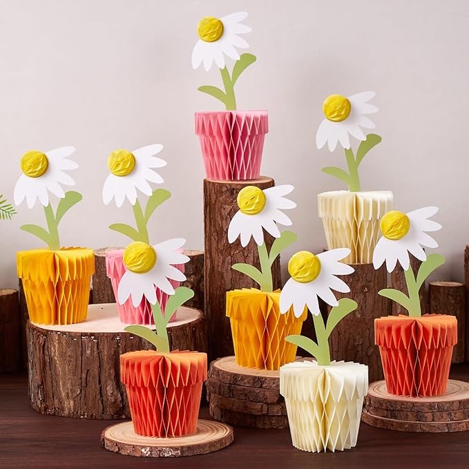 8PCS Daisy Honeycomb Centerpieces, Daisy Table Decorations, Daisy Flower Birthday Party Decorations for Home Office, Baby Shower, Wedding Spring Party Supplies(Orange Yellow)