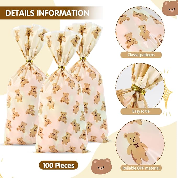 100 Pcs 5x11 Inch Cellophane Bags with 100 Gold Twist Ties, Little Bear Printed Clear Candy Bags, Food-Safe for Valentine's Day, Birthday, Christmas, Ideal for Cookies, Snacks & Party Favors