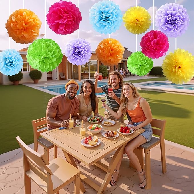 12 Pcs Tissue Paper Pom Poms Flowers for Birthday Party Mexican Party Fiesta Classroom Playroom Festive Decorations