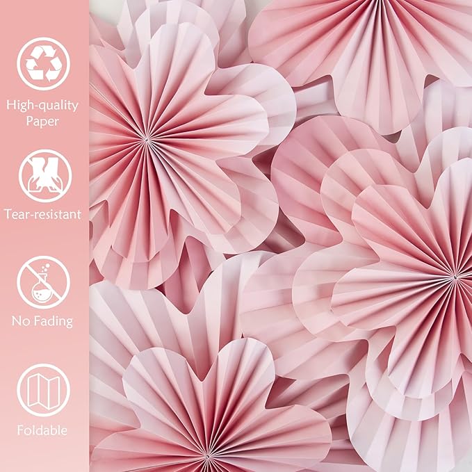 SUNBEAUTY 9 PCS Pink and Cherry Blossom Party Decorations Pink Paper Fans Decor Sunset Party Floral Backdrop Decoration Hanging Paper Flowers for Wall Birthday Wedding Baby Shower Supplies