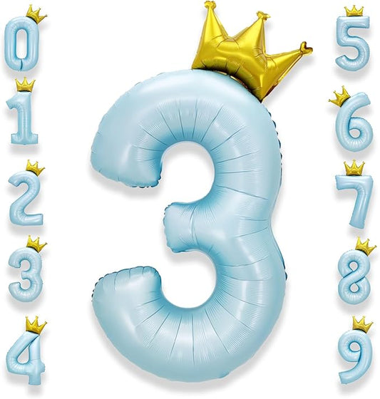 AULE 40 Inch Big Light Blue 3 Balloon Number with Crown Large Foil Helium Number Balloons 0-9 Jumbo Giant Happy 3rd Birthday Party Decorations Huge Mylar Anniversary Party Supplies