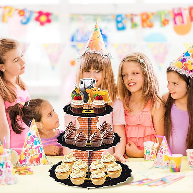 Construction 3-Tier Cardboard Cupcake Stand Dessert Display Tower Holder for Construction Birthday Party Supplies