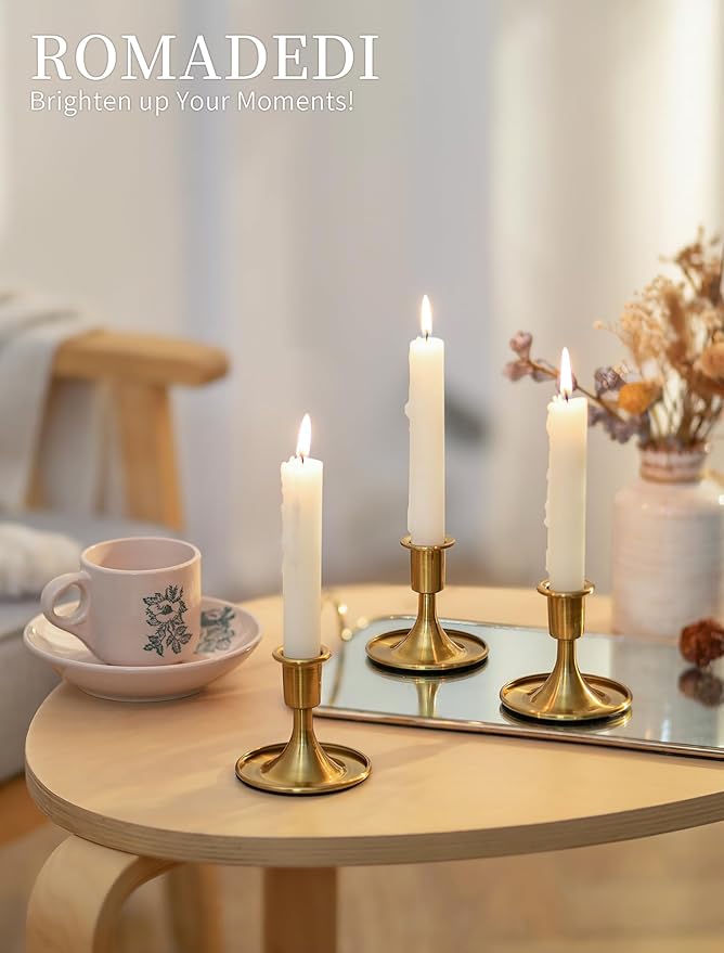 Romadedi Gold Candlestick Candle Holders - Brass Taper Holders Candle Stick for Wedding Table Centerpiece Festive Christmas Mantel Decoration Home Decor, Set of 12