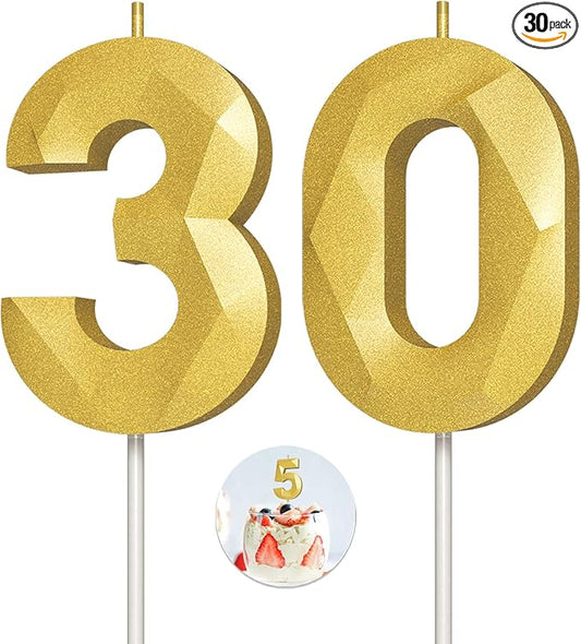 Number Birthday Candles(30 Candle Gold) 3D Diamond Shape Number Happy Birthday Cake Candles for Birthday Party Wedding Decoration Reunions Theme Party
