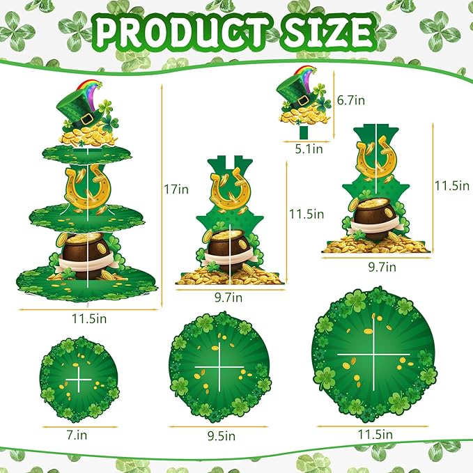 3 Tier St. Patrick's Day Cupcake Stand Shamrock Cardboard Display Stand Green Irish Cupcake Holder for St. Patrick's Day Party Decorations