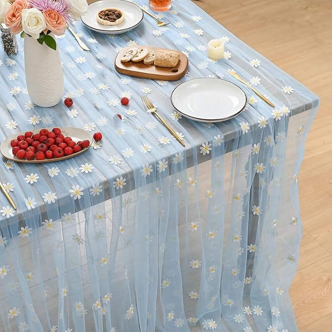 Horaldaily Blue Embroidery Daisy Spring Summer Gauze Tablecloth 60×120 Inch Rectangular, Seasonal Tulle Table Cover, Garden Party Decorations for Wedding, Party, Holiday Dining