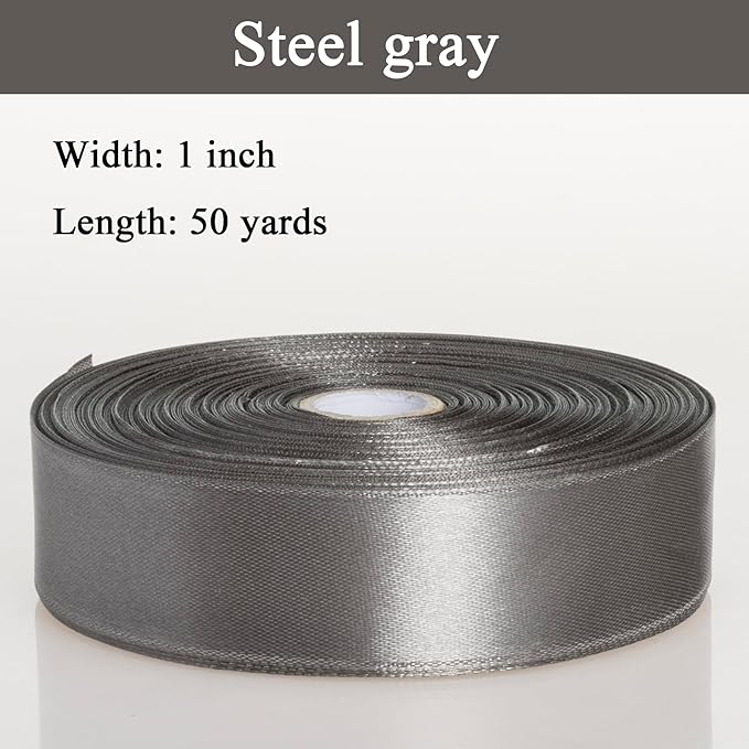 YASEO 1 Inch Steel Gray Solid Satin Ribbon, 50 Yards Craft Fabric Ribbon for Gift Wrapping Floral Bouquets Wedding Party Decoration