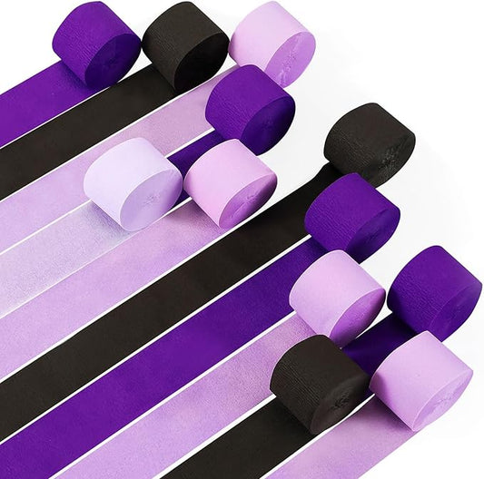 Epakh 12 Rolls Purple/Black Crepe Paper Streamers (984ft) - Pixel Birthday Party Decorations, Video Game Birthday Supplies, Pixel Theme Purple Party Decor Halloween