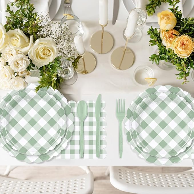 175 Pcs Sage Scalloped Gingham Party Supplies for 25 Guests, Sage and White Checkered Paper Plates, Cups and Napkins Sets for Baby & Bridal Shower, Wedding, Birthday Party, Outdoor Picnic