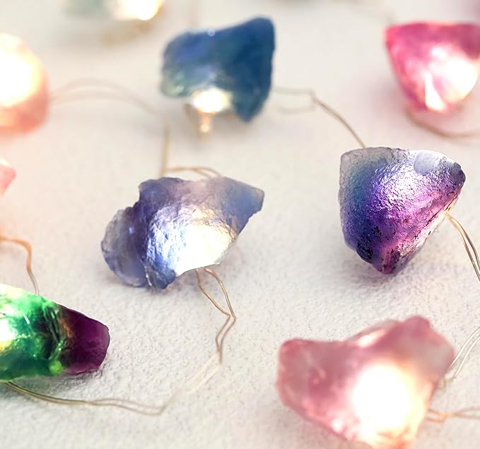 20 LED Multicolor Natural Fluorite Crystal String Lights - 6.5ft USB/Battery Operated with Remote Control & Timer for Bedroom Indoor Wedding Party Christmas Decor