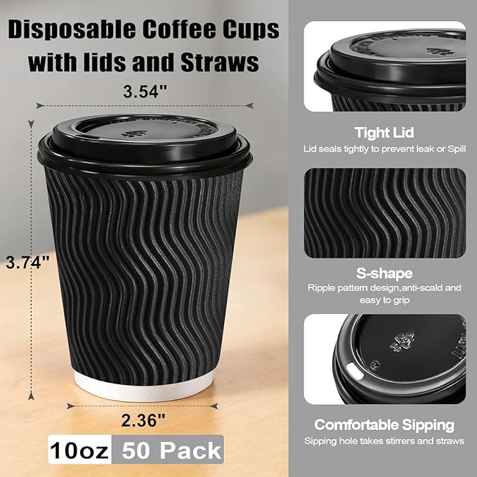 Lamosi 10 oz Disposable Coffee Cups with Lids, 50 Pack Insulated Hot Cups To Go Paper Coffee Cups with Lids and Straws, Corrugated Ripple Wall Cup for Hot Drink, Office, Coffee Bar (Black)