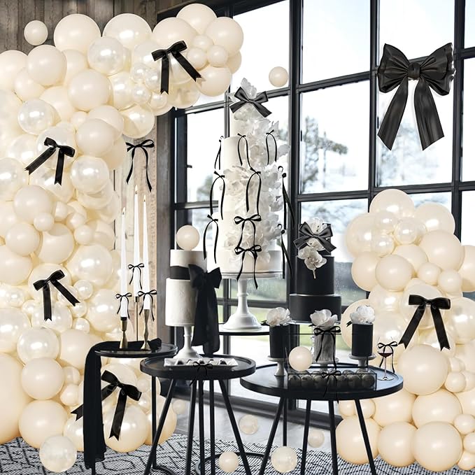 White Sand Balloon Arch Kit 141 Pcs Cream Beige Balloons Garland Arch Kit with Black Bow for Coquette Birthday Wedding Baby Shower Bridal Shower Decorations