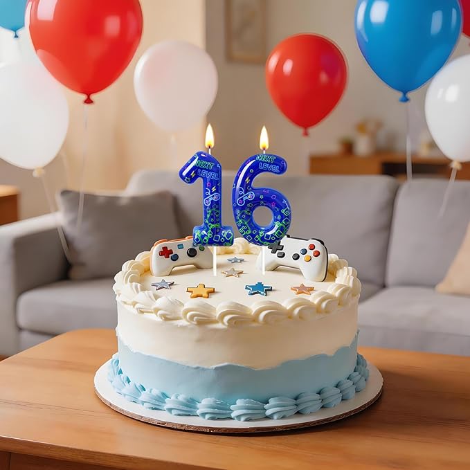 Number 6 Birthday Candle for Cake – Blue Gaming Theme Number Candle with “Next Level” Design, Video Game Style Cake Topper for Anniversary & Celebration
