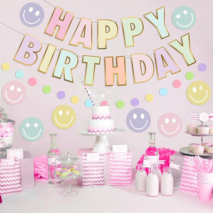 Pre-Strung Happy Birthday Banner, NO DIY Birthday Decorations with Circle Dot Garland and Preppies, Happy Birthday Party Decorations for Women Men Girls Boys (Pastel)
