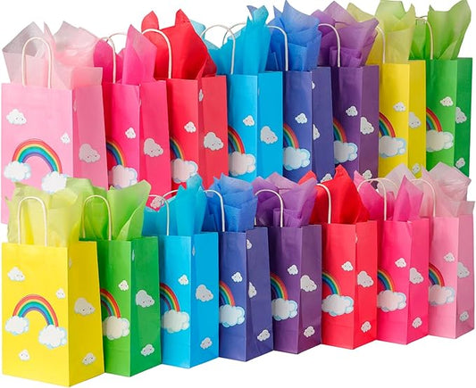 BLEWINDZ 32 Pcs Rainbow Goodie Bags with 32 Tissues - 8.7" Small Gift Bags with Handles for Kids Birthday Party Favors, Baby Showers and Party Supplies