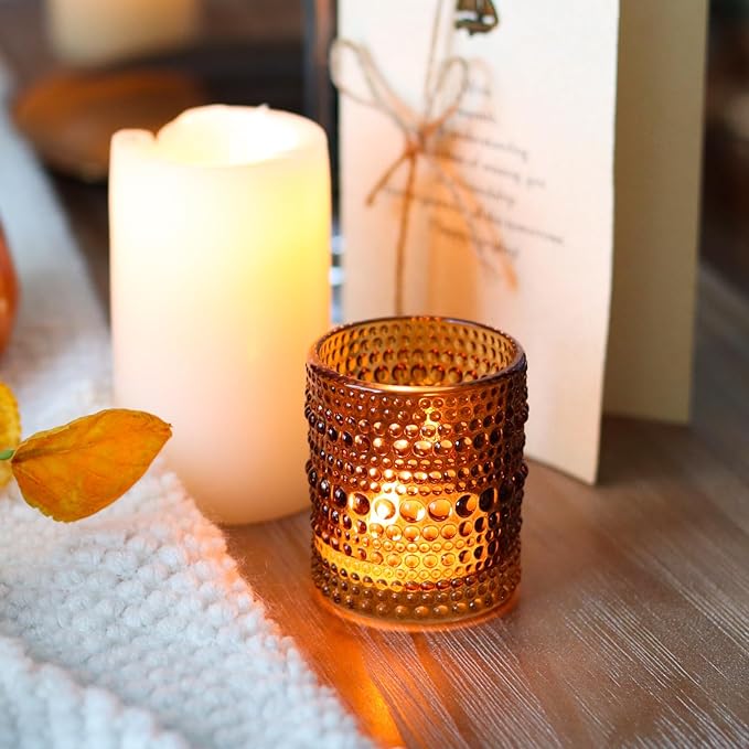 WDHODEC Glass Tealight Candle Holders Set of 12 - Brown Green Vintage Hobnail Votive Holders for Fall, Winter Wedding, Christmas Table Centerpiece Decor