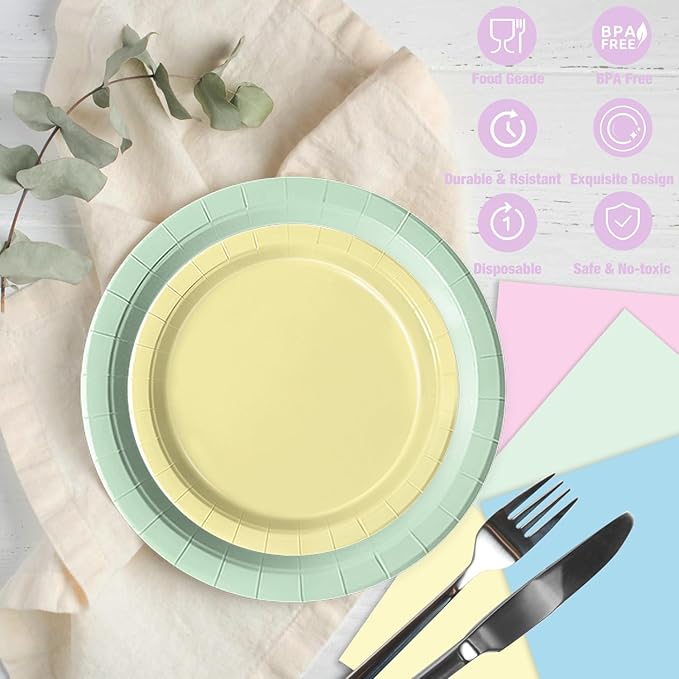 Oigco 60 PCS Pastel Paper Plates and Napkins, Pastel Party Decorations, Rainbow Paper Plates for Colorful Birthday Baby Shower Wedding